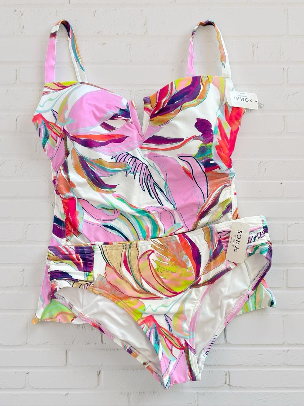 Soma Swim 2 Piece Set Party Palms Tankini Wire Top & Ruched Bottoms Sz M NWT